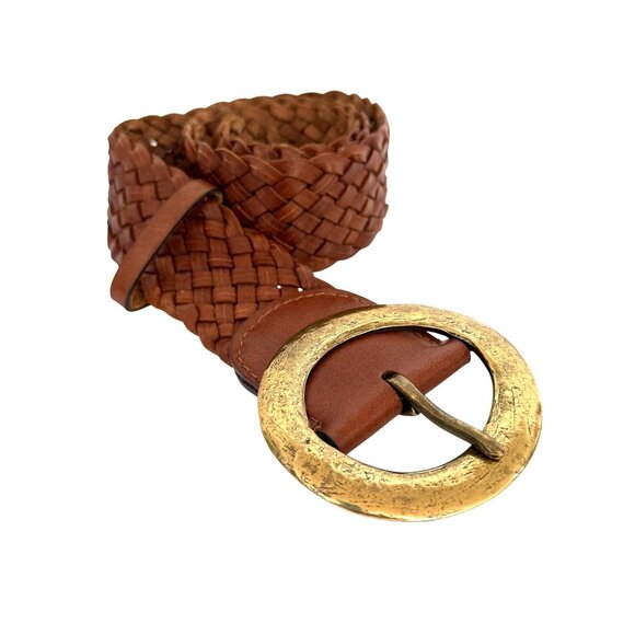 Chico's Macarthy Brown Woven Leather Belt Oversized Brass Buckle 45" Adjustable - Picture 2 of 11